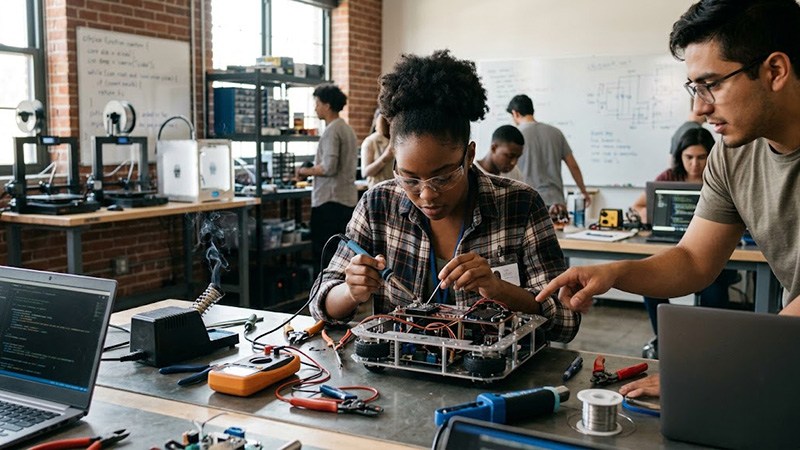 A young Black woman wearing safety glasses solders electronic components on a small robotic vehicle in a modern STEM lab while a Hispanic male classmate points to the circuit board.