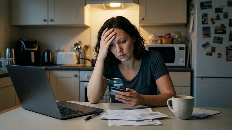 Frustrated woman holding a credit card and smartphone while dealing with automated customer support at home.