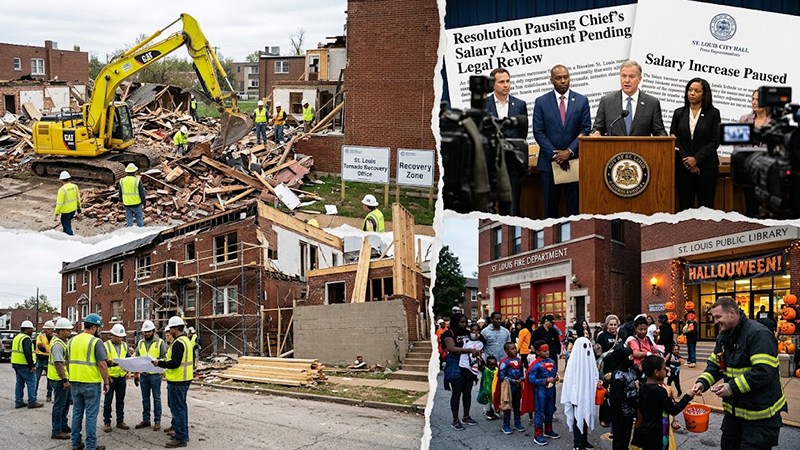 St. Louis news collage showing heavy demolition machinery, residential construction crews, City Hall press briefing, and HalLOUween community festivities.