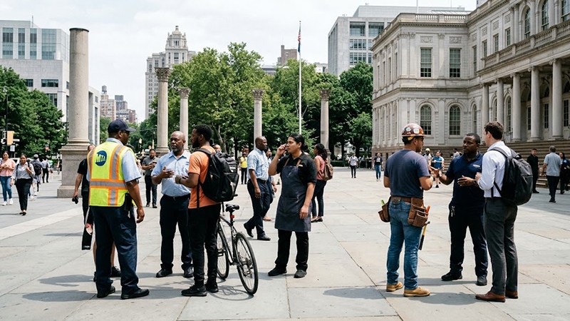 Diverse municipal, service, and delivery workers outside New York City Hall.