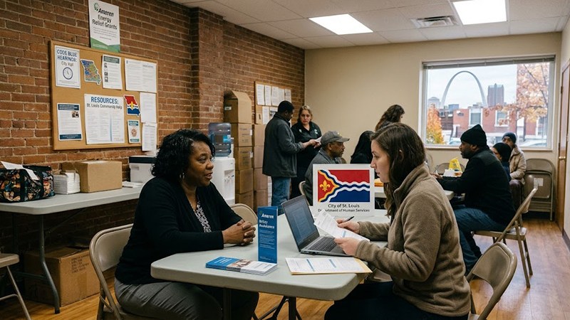 Community members and intake specialist reviewing utility relief and grant applications in St. Louis office.