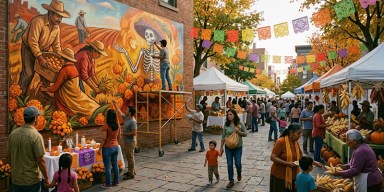 Outdoor autumn street festival with crowd walking past produce stands and artists painting a large mural of farmworkers and a Day of the Dead Catrina on a brick wall.