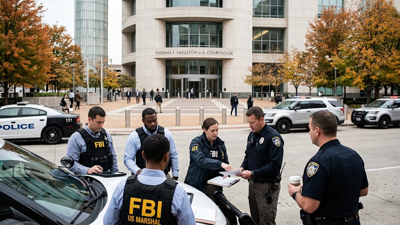 Law enforcement task force officers briefing outside the Thomas F Eagleton US Courthouse in St Louis
