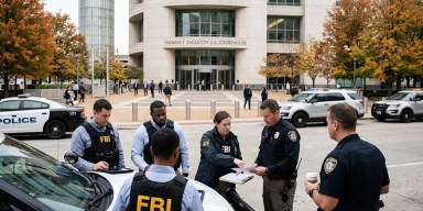 Law enforcement task force officers briefing outside the Thomas F Eagleton US Courthouse in St Louis