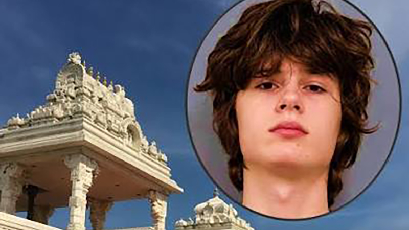 Mugshot inset of suspect Alexandros Paporakis alongside the carved white tower of a suburban Hindu temple