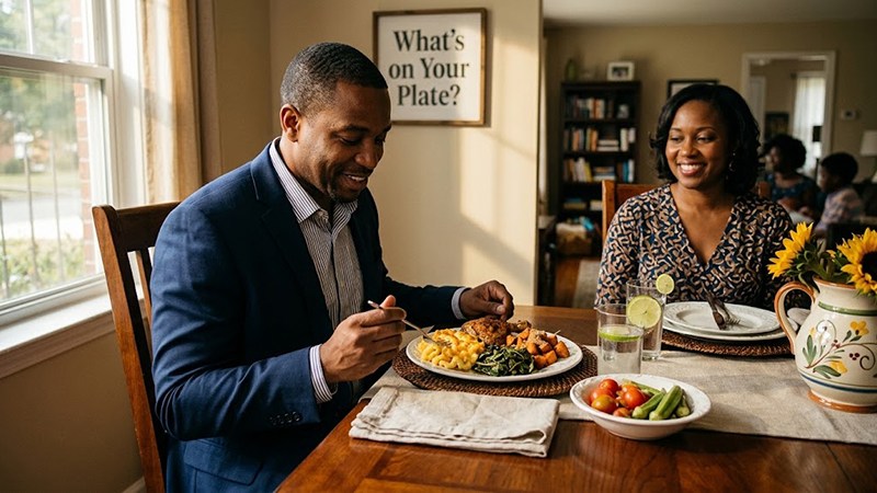 Family dining table featuring traditional home cooked dishes, fresh greens, and seasonal sides reflecting Black food traditions