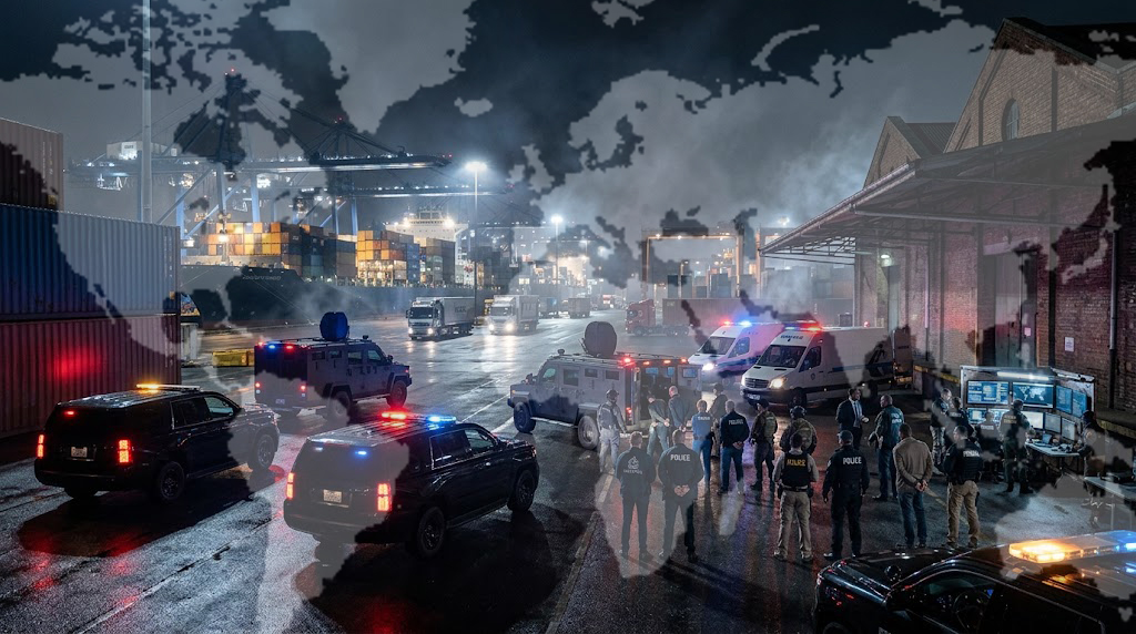 Multi-agency tactical law enforcement raid at an international shipping container port at night.