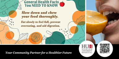Graphic displaying health advice on chewing food slowly and thoroughly beside a close-up of a person tasting fresh fruit with Howard University Hospital badging