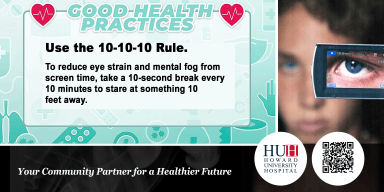 Digital wellness graphic explaining the 10-10-10 rule alongside a close-up photo of an eye viewing an electronic screen.