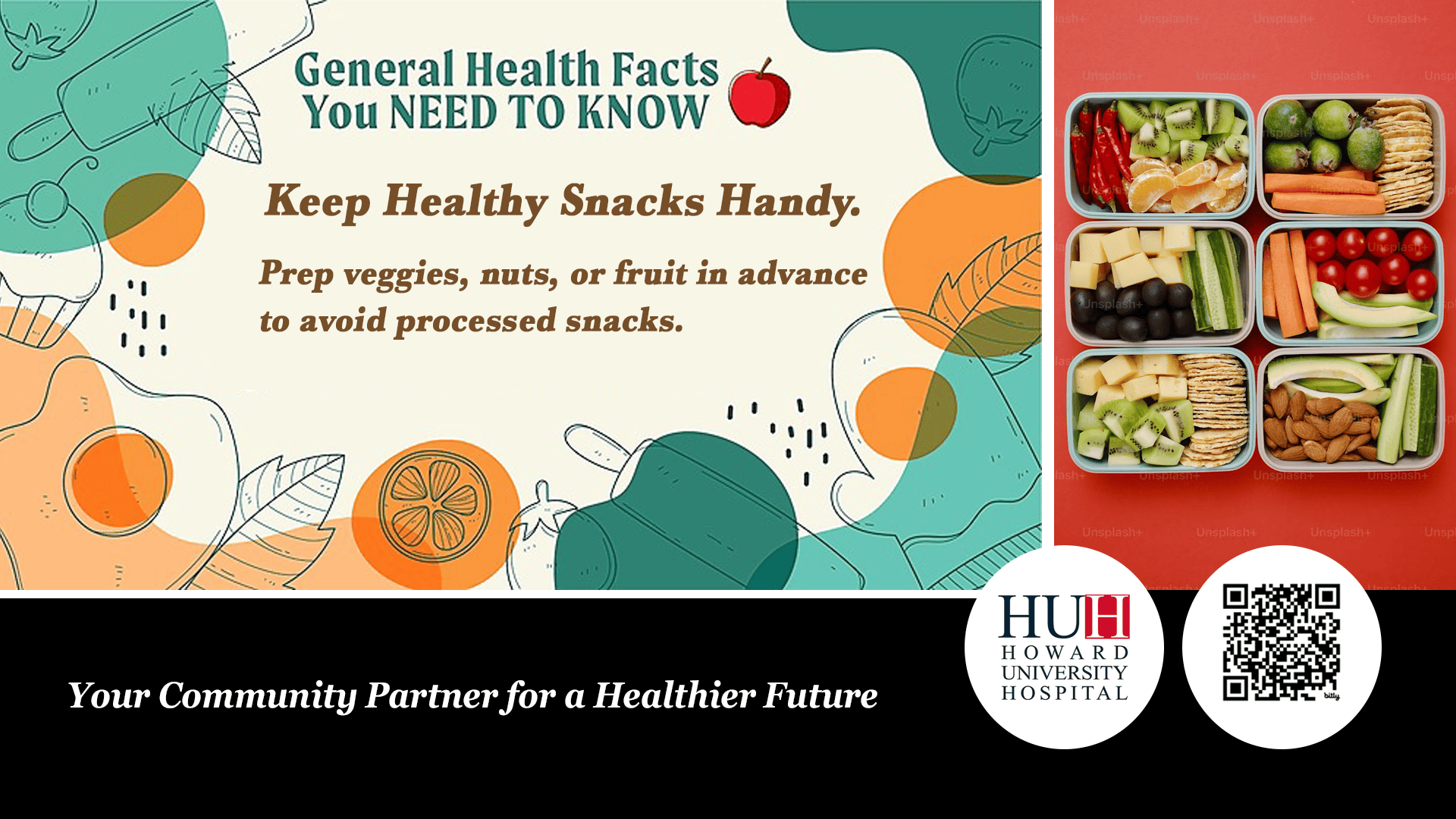 Bento style glass containers packed with sliced kiwi, berries, bell peppers, almonds, and cheese next to Howard University Hospital healthy eating tips.
