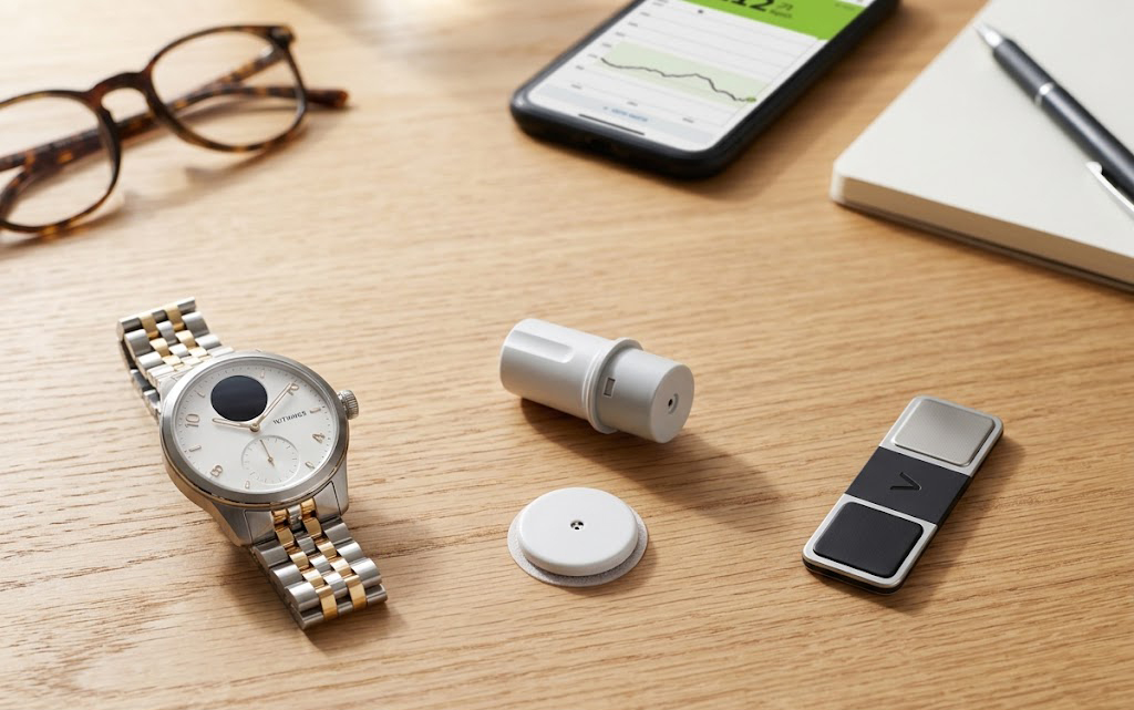 Array of modern consumer medical wearables including a hybrid smartwatch, continuous glucose monitor sensor, and pocket EKG monitor on an oak desk