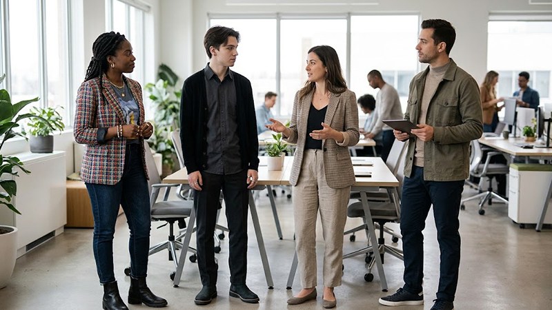 Diverse group of professionals standing in a modern open office discussing workplace fashion in smart casual attire.