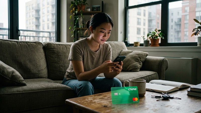 Young Asian woman sitting on a living room sofa checking her mobile banking app with a green Chime debit card on the table