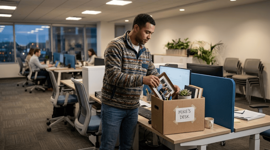 Professional packing desk belongings into a cardboard box after resigning due to blocked career mobility.