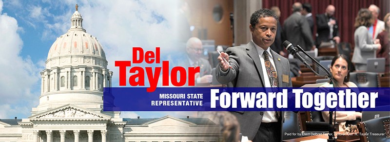 Official banner of Missouri State Representative Del Taylor featuring Missouri Capitol and district branding.