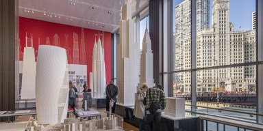 Chicago Architecture Center skyscraper gallery exhibition overlooking city skyline models