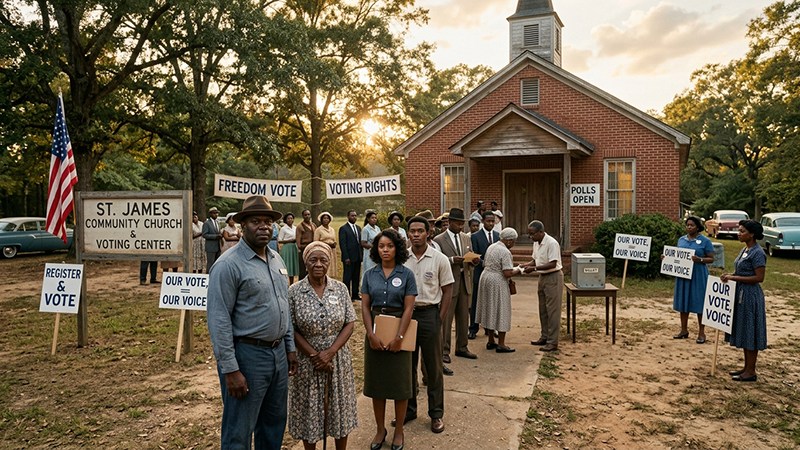 Mississippi Freedom Vote legacy commemorated with archival voting rights demonstrations and ballot box imagery.